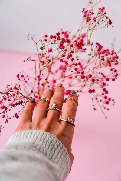 Baby's breath. Suggestion. Woman's hand with jewelry rings. Jewelry and luxury concept. Beautiful woman with stylish accessories. Plant Aesthetics. Pink pastel colors