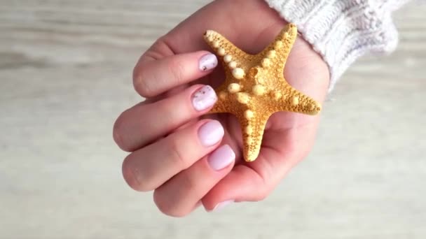 Gezonde vrouwenhanden met zeeschelpen. Naakt modern design nagels. Schone huid. Zacht licht. Goed voor cosmetica. Natuurlijke kleuren, retoucheren. Lange elegante vingers. Zelfverzorging — Stockvideo