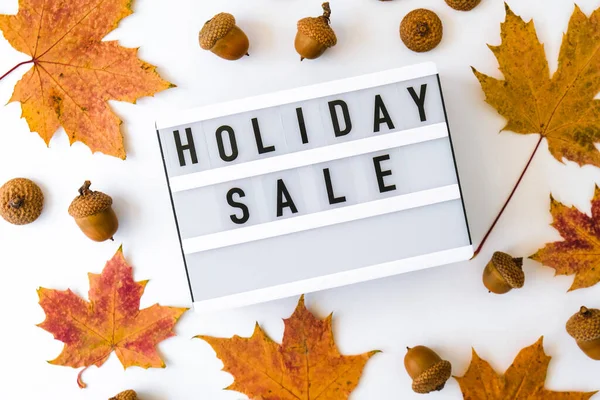 Lightbox Текстом Holiday Sale Про Осіннє Листя Концепція Продажу Інтернет — стокове фото