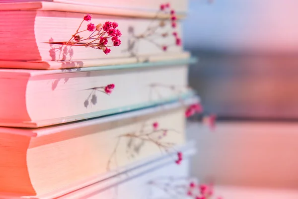 Куча Старых Книг Младенцами Дышащими Цветами Уютное Чтение Нежные Розовые — стоковое фото