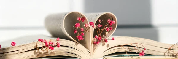Книжные Страницы Сложены Сердце Розовый Цветок Мягкий Фокус Преднамеренное Небольшое — стоковое фото