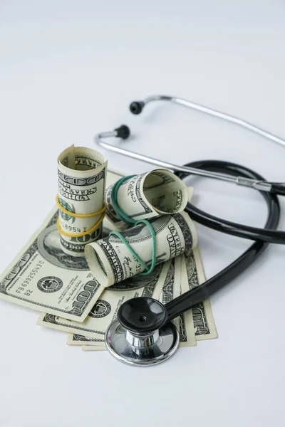 Stack Cash Dollars Stethoscope Concept Medical Expensive Medicine Doctors Salary — Stock Photo, Image