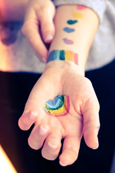 Rainbow Lgbtq Flag Painted Hand Support Lgbt Community Honour Pride — Stock Photo, Image