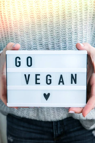 Lightbox Textem Vegan Ženských Rukou Veganismus Vegetariánský Zdravý Životní Styl — Stock fotografie