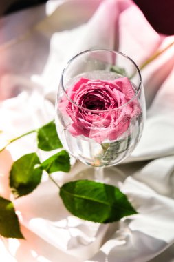Beyaz ipek kumaş üzerinde pembe çiçek yapraklarıyla dolu şarap kadehi. Minimum modern natürmort. Bayram konsepti Sevgililer Günü ya da kadınlar için arka plan tasarımı. Yaratıcı yaz fikri.