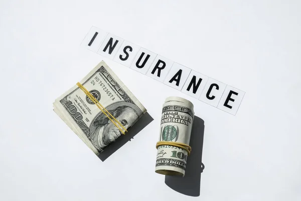 Текст Insurance Про Банкноти Доларах Сша Здоров Життя Дім Страхування — стокове фото