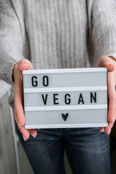 Lightbox Textem Vegan Ženských Rukou Veganismus Vegetariánský Zdravý Životní Styl — Stock fotografie