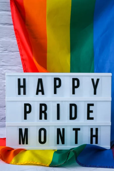 Bandeira Arco Íris Com Lightbox Texto Happy Orgulho Mês Rainbow — Fotografia de Stock