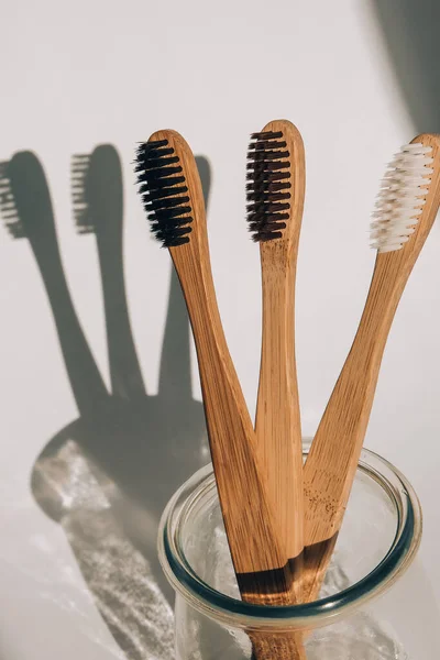 Bamboo Toothbrush Biodegradable Organic White Background Deep Trendy Shadows Eco — Stock Photo, Image