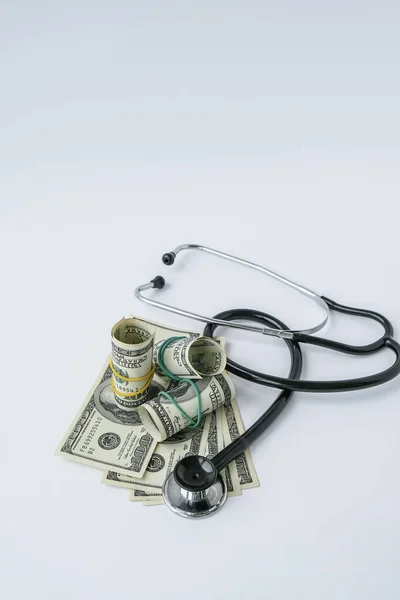 Stack Cash Dollars Stethoscope Concept Medical Expensive Medicine Doctors Salary — Stock Photo, Image