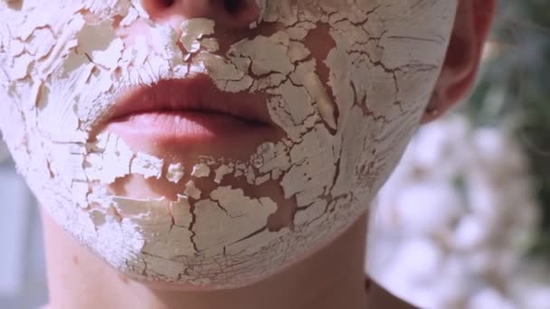 Cosmetologia de beleza, facial e conceito de cuidados com a pele. Movimento lento. Máscara de secagem. Máscara de barro na cara. Tratamento da beleza. — Vídeo de Stock