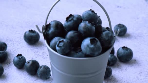 Bleuets dans un petit seau sur fond de béton. Fruits de saison biologiques sains. De la nourriture biologique. Une collation estivale saine. Mouvement lent Superfood — Video