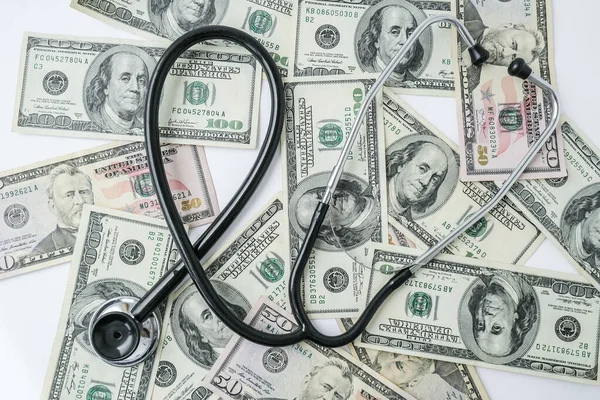 Stack Cash Dollars Stethoscope Concept Medical Expensive Medicine Doctors Salary — Stock Photo, Image