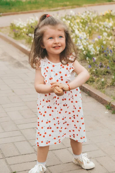 一个蹒跚学步的小女孩快乐的微笑的孩子 游戏时间 外面快乐的童年漂亮的小女孩 蓝眼睛 公园自然 — 图库照片