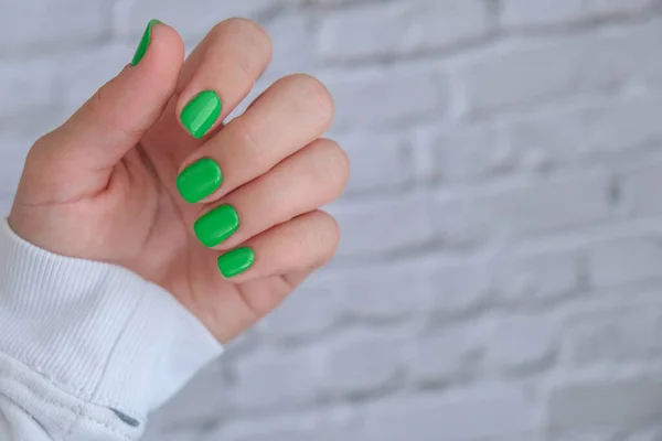 Manicured Female Hands Stylish Green Nails Trendy Modern Design Manicure — Stock Photo, Image