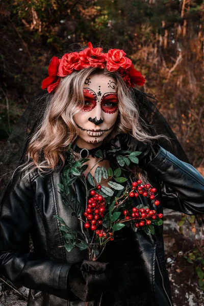 Gros Portrait Calavera Catrina Jeune Femme Avec Maquillage Crâne Sucre — Photo