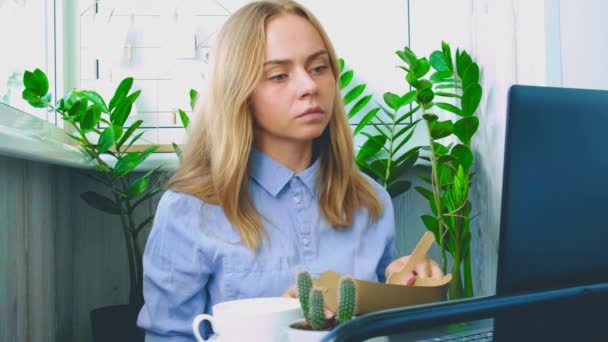 Vrouw met lunch nul afvalbak, voedsel bezorgdoos met gezonde maaltijd gewichtsverlies dieetmenu, veganistisch voedsel op de werkplek in functie. Kantoormedewerker die veganistisch luncht op de werkplek — Stockvideo