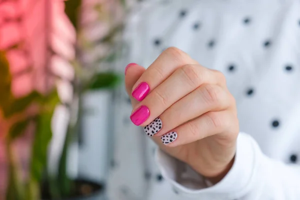 Gemanicuurde Vrouwelijke Handen Met Stijlvolle Roze Nagels Design Trendy Moderne — Stockfoto