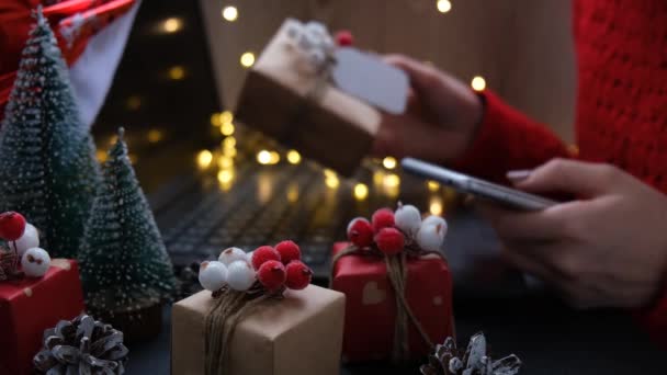 Compras en línea de Navidad. Mujer comprador hace el pedido en el teléfono móvil. Mujer comprar regalos, prepararse para la Navidad. Vacaciones de invierno ventas. — Vídeos de Stock