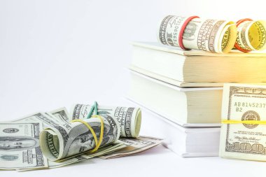 Bilgi zenginliğe götürür. Dolarlı kitap yığını. Pahalı eğitim kavramı. Kitaplardaki para. Üniversite için para biriktiriyorum. Tasarruf, ödenmiş okul ücreti