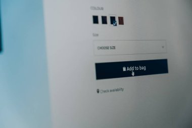 Bilgisayarı kullanarak online mağazadan mal almak. ADD 'ye alışveriş yapması ve bilgisayardan alışveriş yapması için baskı yapmak. Satın alma düğmesine basılıyor. Poşet giysilere ekle. Kara Cuma. Satılık.