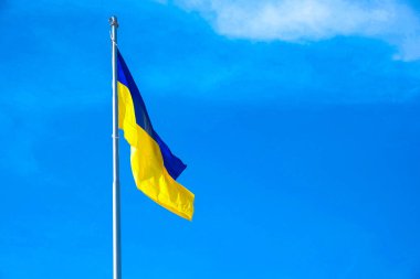 Ukrayna ulusal bayrağı mavi gökyüzüne karşı rüzgarda dalgalanıyor. Ukrayna halkının ulusal sembolü - mavi ve sarı bayrak rüzgarda dalgalanıyor. Bağımsızlık Günü Boşluğu Kopyala