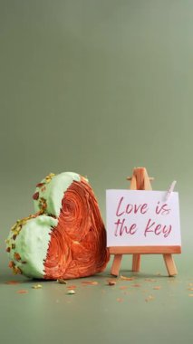 Sevgi, kâğıt üzerinde yazan anahtardır. Sabah kartı Sevgililer Günü hediyesi. Yeşil arka planda, üzerinde fotokopi alanı olan Antep fıstıklı kruvasan. Puf puf yeni moda tatlı pastanesi. Kremalı.