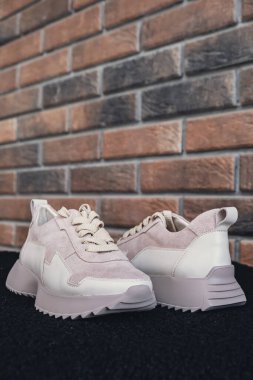 Damgasız bej renkli deri ayakkabılar. Online mağazalar ve sürdürülebilirlik temalı pazarlama için tasarım şablonları. Temiz, boş ayakkabılar. Logo yok.