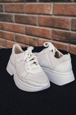 Damgasız bej renkli deri ayakkabılar. Online mağazalar ve sürdürülebilirlik temalı pazarlama için tasarım şablonları. Temiz, boş ayakkabılar. Logo yok.