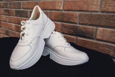 Damgasız bej renkli deri ayakkabılar. Online mağazalar ve sürdürülebilirlik temalı pazarlama için tasarım şablonları. Temiz, boş ayakkabılar. Logo yok.