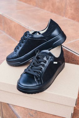 Zarif siyah deri kadın ayakkabıları geri dönüşümlü karton kutuda markalaştırmak için boş ürün. Yeni gündelik kadın ayakkabıları markasız ayakkabı ticareti. Markasız logo ürünü yok.