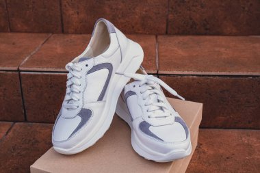 Minimalist çevre dostu beyaz spor ayakkabılar geri dönüşümlü karton kutuya yerleştirilmiş, sürdürülebilir moda kavramları için temiz tasarım. Yeni markasız beyaz spor ayakkabı modelleri ve modern ürün sergileri. Çünkü...