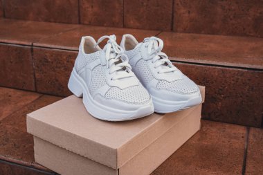 Minimalist çevre dostu beyaz spor ayakkabılar geri dönüşümlü karton kutuya yerleştirilmiş, sürdürülebilir moda kavramları için temiz tasarım. Yeni markasız beyaz spor ayakkabı modelleri ve modern ürün sergileri. Çünkü...