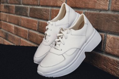 Damgasız bej renkli deri ayakkabılar. Online mağazalar ve sürdürülebilirlik temalı pazarlama için tasarım şablonları. Temiz, boş ayakkabılar. Logo yok.