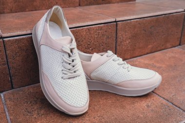 Damgasız bej renkli deri ayakkabılar. Online mağazalar ve sürdürülebilirlik temalı pazarlama için tasarım şablonları. Temiz, boş ayakkabılar. Logo yok.