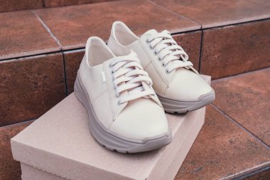 Minimalist çevre dostu beyaz spor ayakkabılar geri dönüşümlü karton kutuya yerleştirilmiş, sürdürülebilir moda kavramları için temiz tasarım. Yeni markasız bej ayakkabılar, ayakkabı modelleri ve modern ürün sergileri. Çünkü...