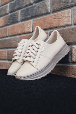 Damgasız bej renkli deri ayakkabılar. Online mağazalar ve sürdürülebilirlik temalı pazarlama için tasarım şablonları. Temiz, boş ayakkabılar. Logo yok.