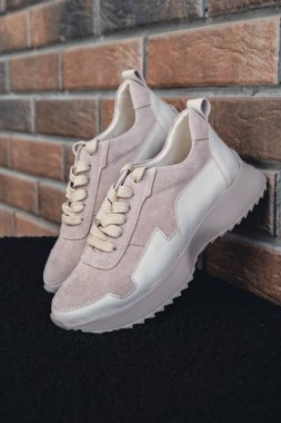 Damgasız bej renkli deri ayakkabılar. Online mağazalar ve sürdürülebilirlik temalı pazarlama için tasarım şablonları. Temiz, boş ayakkabılar. Logo yok.