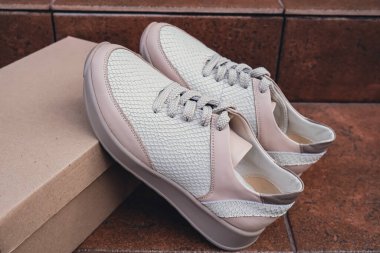 Minimalist çevre dostu beyaz spor ayakkabılar geri dönüşümlü karton kutuya yerleştirilmiş, sürdürülebilir moda kavramları için temiz tasarım. Yeni markasız bej ayakkabılar, ayakkabı modelleri ve modern ürün sergileri. Çünkü...