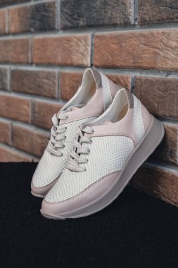 Damgasız bej renkli deri ayakkabılar. Online mağazalar ve sürdürülebilirlik temalı pazarlama için tasarım şablonları. Temiz, boş ayakkabılar. Logo yok.