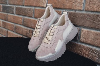 Damgasız bej renkli deri ayakkabılar. Online mağazalar ve sürdürülebilirlik temalı pazarlama için tasarım şablonları. Temiz, boş ayakkabılar. Logo yok.