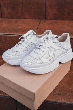 Minimalist çevre dostu beyaz spor ayakkabılar geri dönüşümlü karton kutuya yerleştirilmiş, sürdürülebilir moda kavramları için temiz tasarım. Yeni markasız beyaz spor ayakkabı modelleri ve modern ürün sergileri. Çünkü...