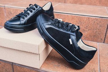 Zarif siyah deri kadın ayakkabıları geri dönüşümlü karton kutuda markalaştırmak için boş ürün. Yeni gündelik kadın ayakkabıları markasız ayakkabı ticareti. Markasız logo ürünü yok.