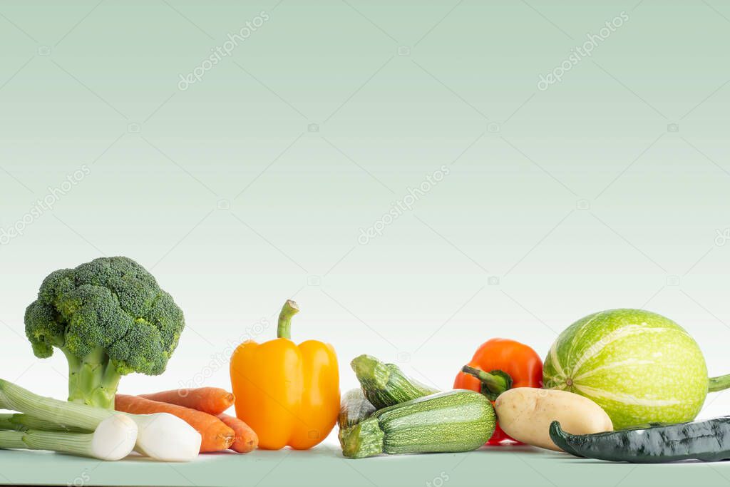 Group of vegetables of different types and colors on white background. Healthy eating concept