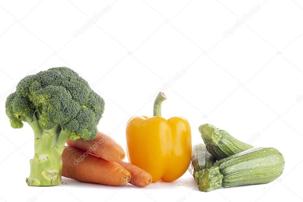 Group of vegetables of different types and colors on white background. Healthy eating concept