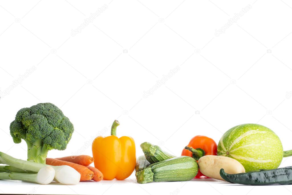 Group of vegetables of different types and colors on white background. Healthy eating concept
