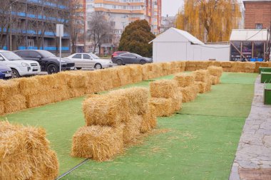 Yeşil çimenlikte saman balyaları düzenlenir, kentsel bir ortamda, binalar ve araçlarla çevrili kırsal bir açık hava alanı oluşturur.