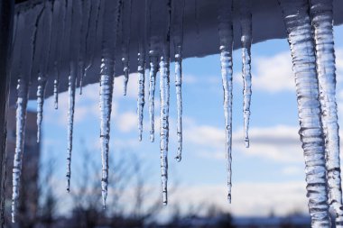 Buz sarkıtları, berrak mavi gökyüzü ve yumuşak bulutlarla bir çatının kenarından sarkıyor ve şekilleniyor. Sakin bir kış ortamı yaratıyor.
