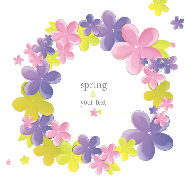 Tarjeta de primavera con flores púrpuras, blancas y verdes — Vector de stock