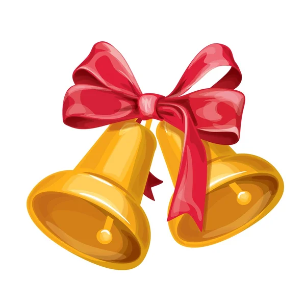 Dos campanas doradas con lazo rojo — Vector de stock